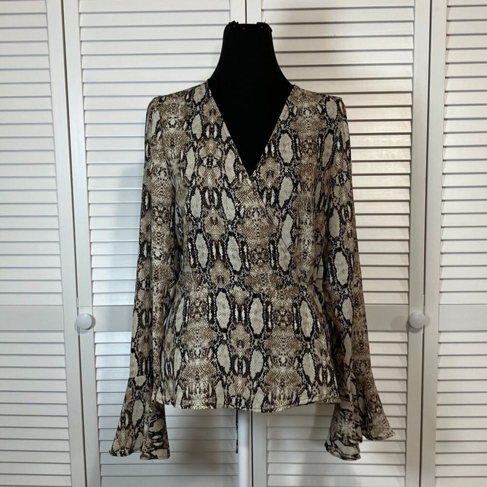 HYFVE Boho Brown Snake Print Flared Long Sleeve Wrap Blouse Women L